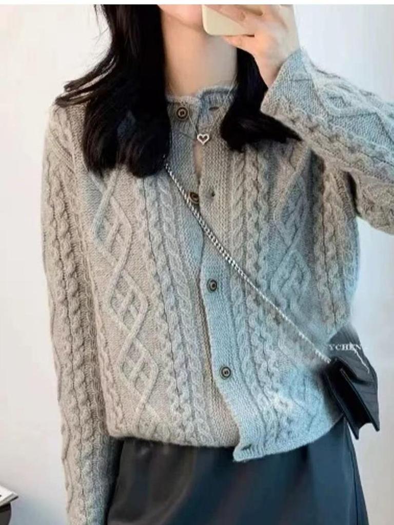 European-Style Heavy Cable-Knit Wool Cardigan for Women - Thick Coarse Wool Sweater Coat for Autumn and Winter 2026
