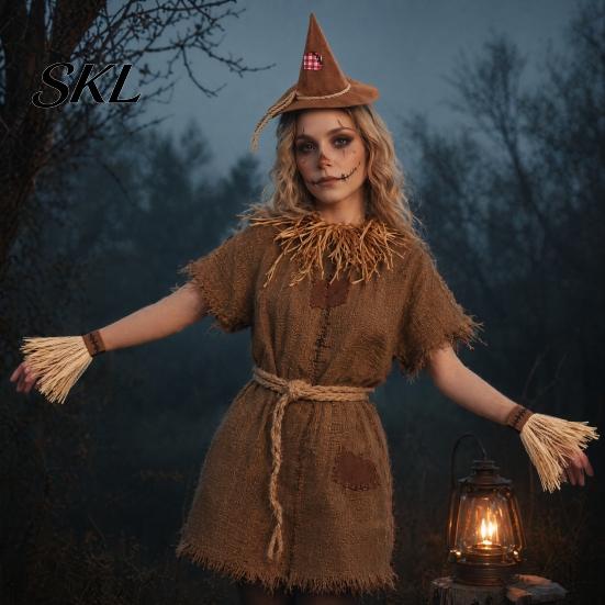 Scarecrow Elastic Headband Costume Set, with Pointed Hat And Straw Bracelets Combo Bracelets, Halloween Cosplay for Farm Party Accessories Brown