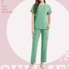 Women's Short Sleeved Color V Neck Pocket Top Pants Work Clothes Two Piece Set