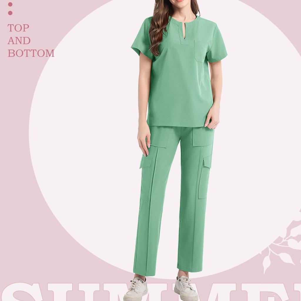 Women's Short Sleeved Color V Neck Pocket Top Pants Work Clothes Two Piece Set