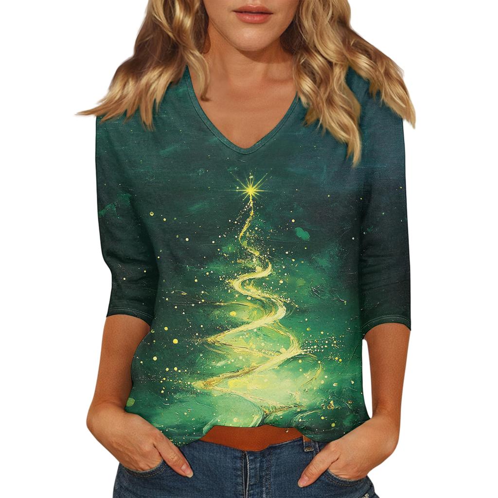 Women's Casual Fashionable Sexy Comfortable V-Neck Christmas Three-Quarter Sleeve Top