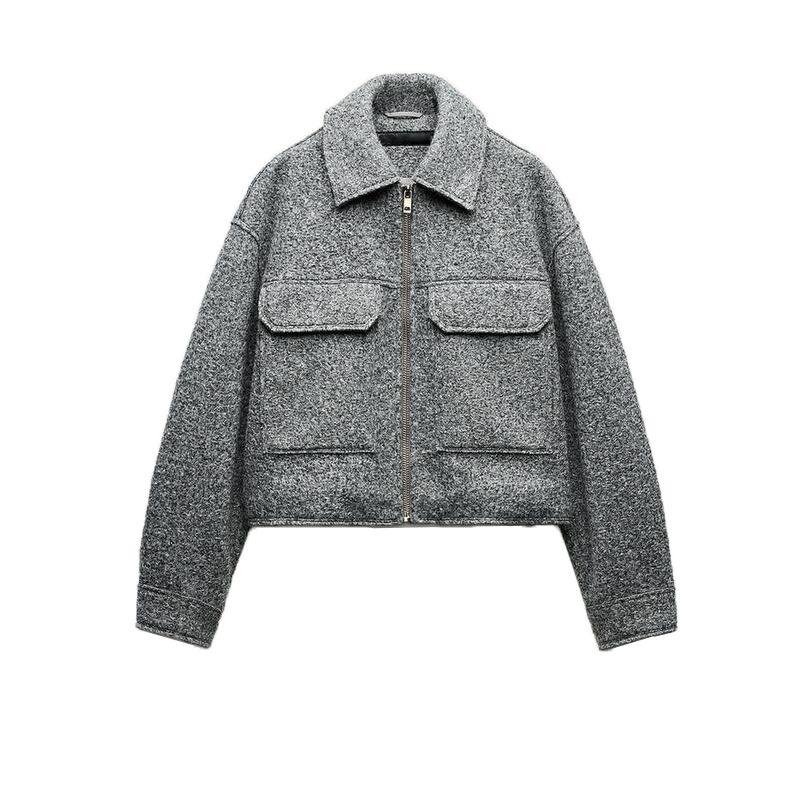 

Весна Новое поступление Модный стиль Свободный Лацкан на молнии Бисер Кожа Короткая Куртка с длинными рукавами Верхняя одежда 3046288 Gray L