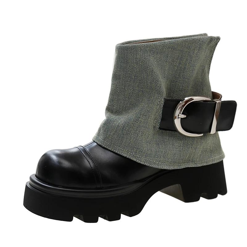 Fashion Lolita Boots Brand Women's Shoes Boots-Women Fashion Rock Ladies Mid-Calf Cowboy 2024 Lolita Boots Denim Women's Shoes Boots-Wom