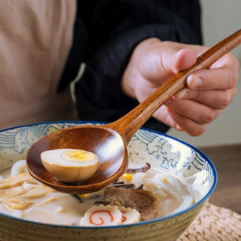 1Pc Wooden Mixing Spoon Long Handle Wood Tableware Japanese Style Soup Spoon  Dining Tableware