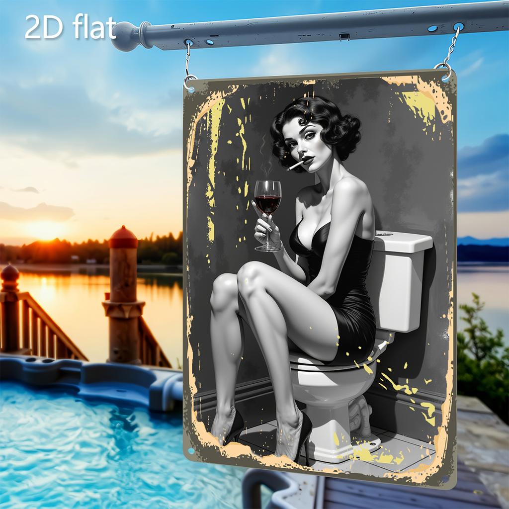 Vintage Metal Tin Sign Wall Art Retro Toilet Scene with Elegant Lady Wine Humorous Bathroom Decor Rustic IndoorOutdoo