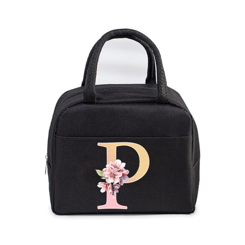 Cherry Blossom Letter N-Z Print Women Men Lunch Bag Fashion Alphabet Portable Insulated Bag School Multifunctional Bento Handbag