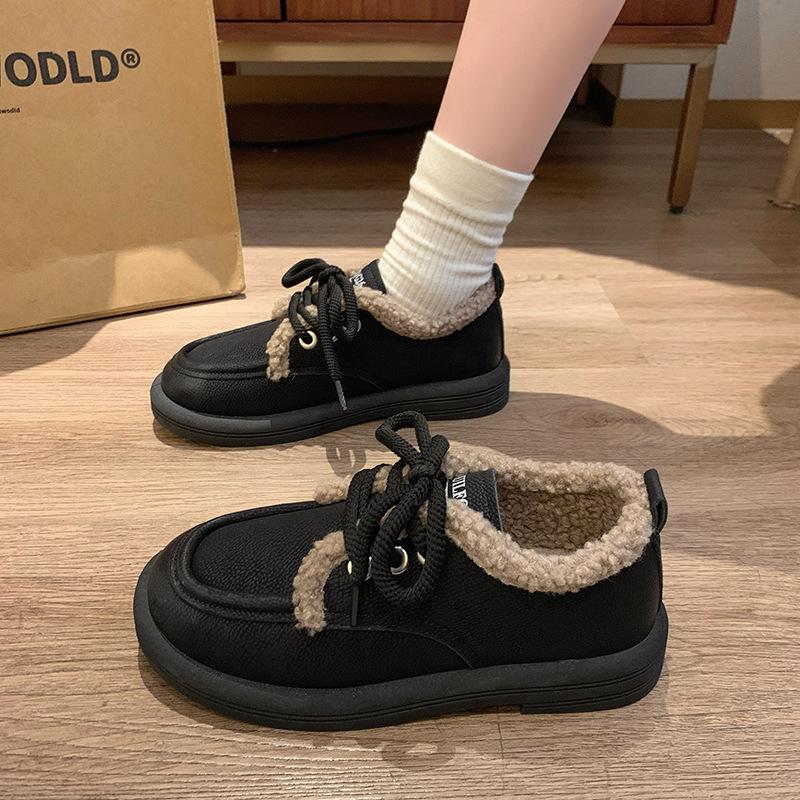 

thick-soled velvet loafers women s 2024 new autumn and winter British style small leather shoes fluffy shoes warm lace-up cotton shoes 40