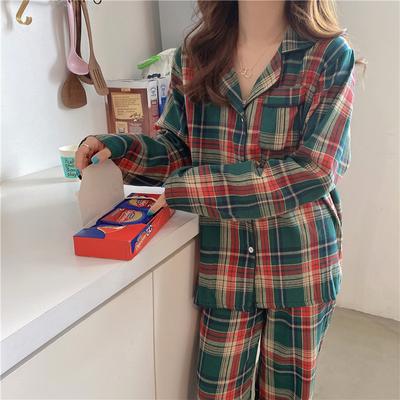 Pijama Navideño Verde Conjunto de Pijama para Pareja Ropa de Dormir Simple a Cuadros Algodón Otoño Invierno Pijama para Mujer Traje Manga Larga Ropa de Salón