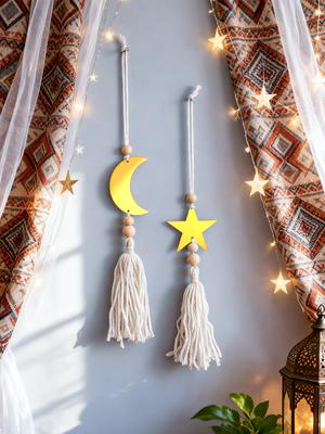 Ramadan Kareem Acrylic Moon Star Tassel Hanging Decor Islamic Wood Bead Ornament for Muslim Festival Home Wall Party Decorations
