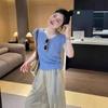 Chic Blue Flutter Sleeve Ice Silk Knitted Women's Summer Drawstring Top