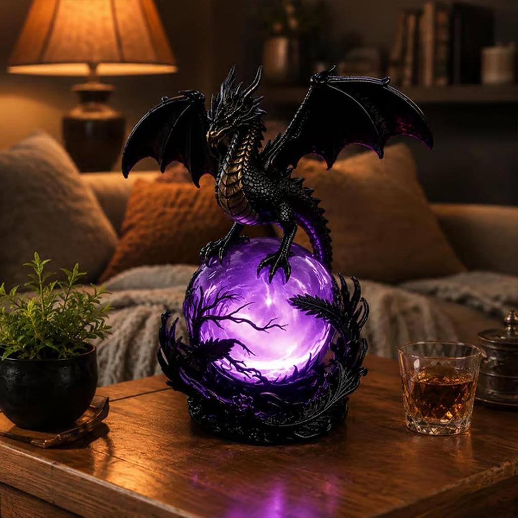 Gothic Dragon LED Crystal Ball Lamp Multifunctional Fantasy Resin Dragon Night Light Witchy Table Lamp for Indoor Bedroom Decor