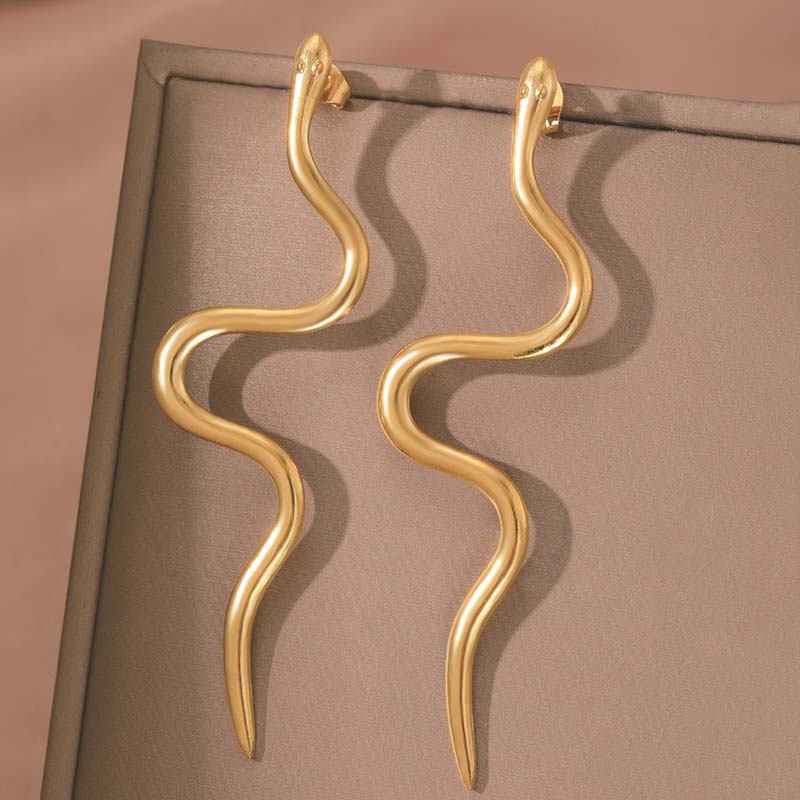 Stainless Steel Gold Color Snake Shaped Pendant Earrings For Women Fashion Metal Curved Wave Geometric Earrings Zircon 2026 New