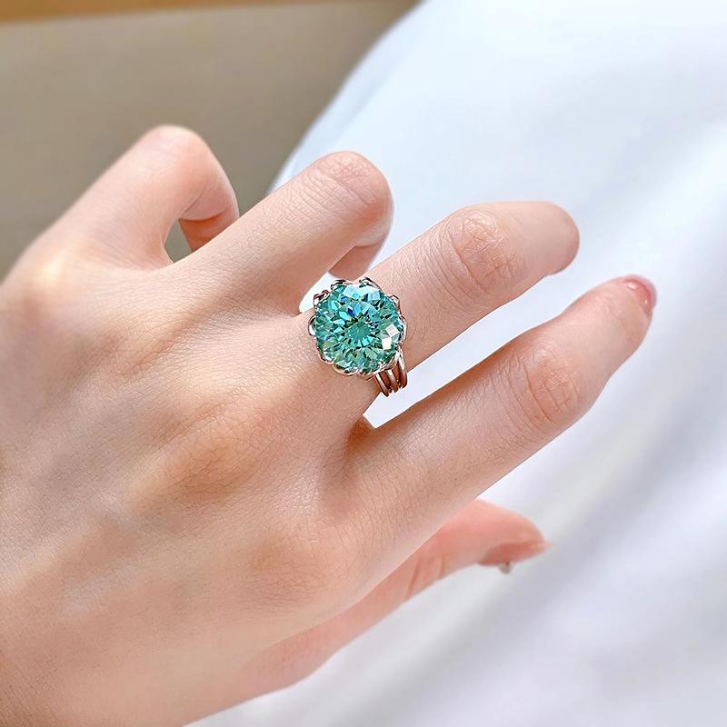 SACE GEMS Lotus Flower Rings for Women 925 Sterling Silver 12mm Green High Carbon Diamond Ice Flower Cut
