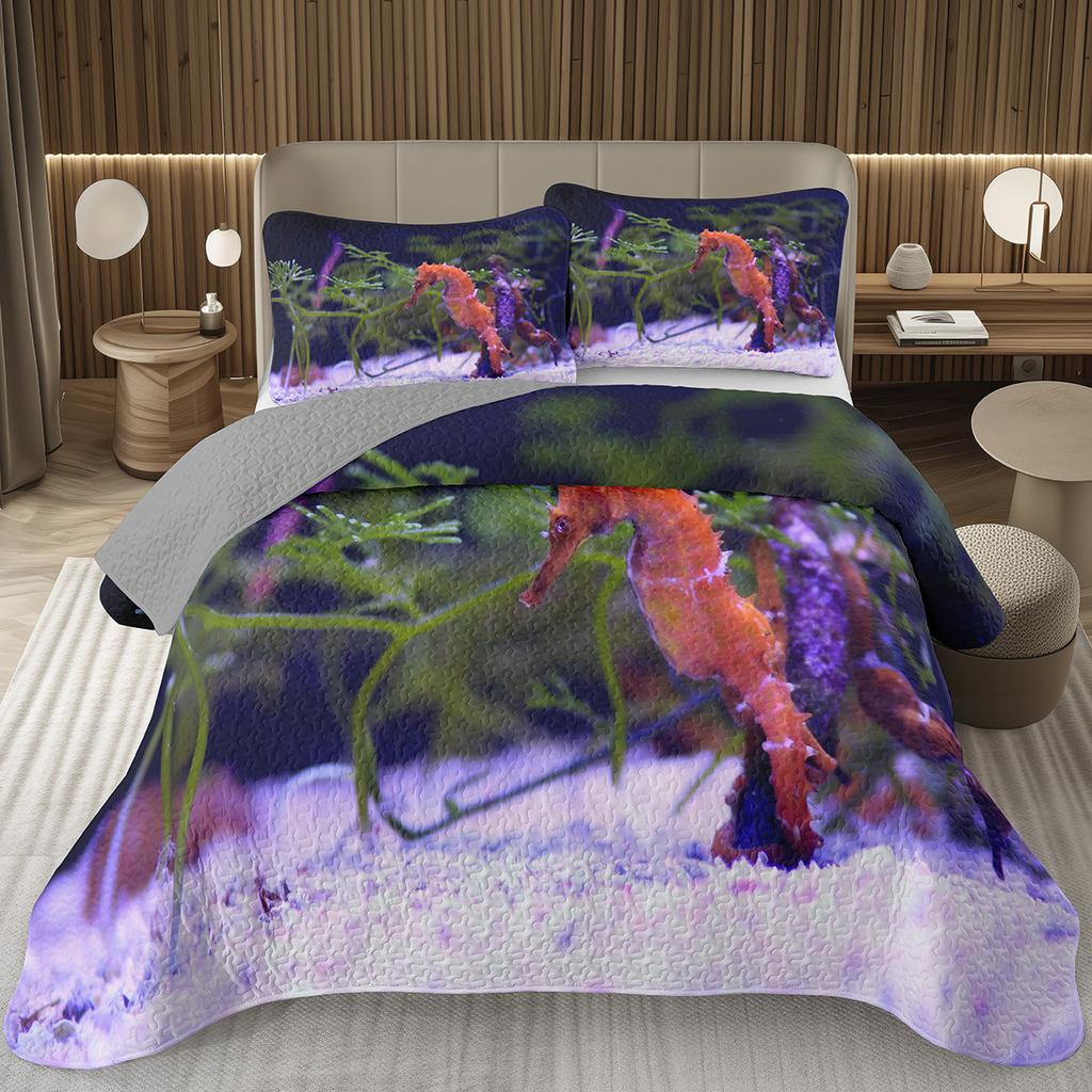 Comforter Seahorse Queen Size 3D Seahorse Printed Bedding Set Ocean Animal Quilted Marine Mediterranean Style Bed