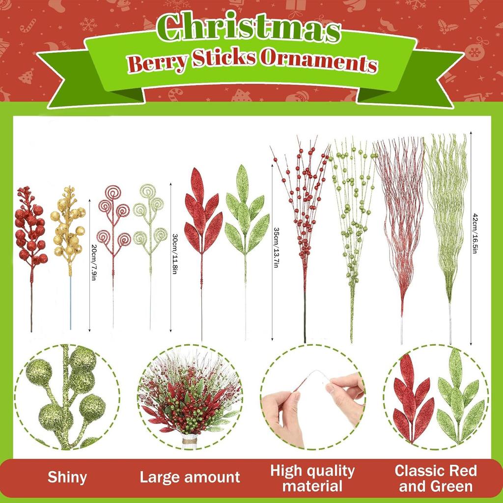 16Pcs/Set Artificial Berry Bouquet Christmas Tree Decoration Pendant for Home Room Vase Decor New Year Gift Ornaments Accessory