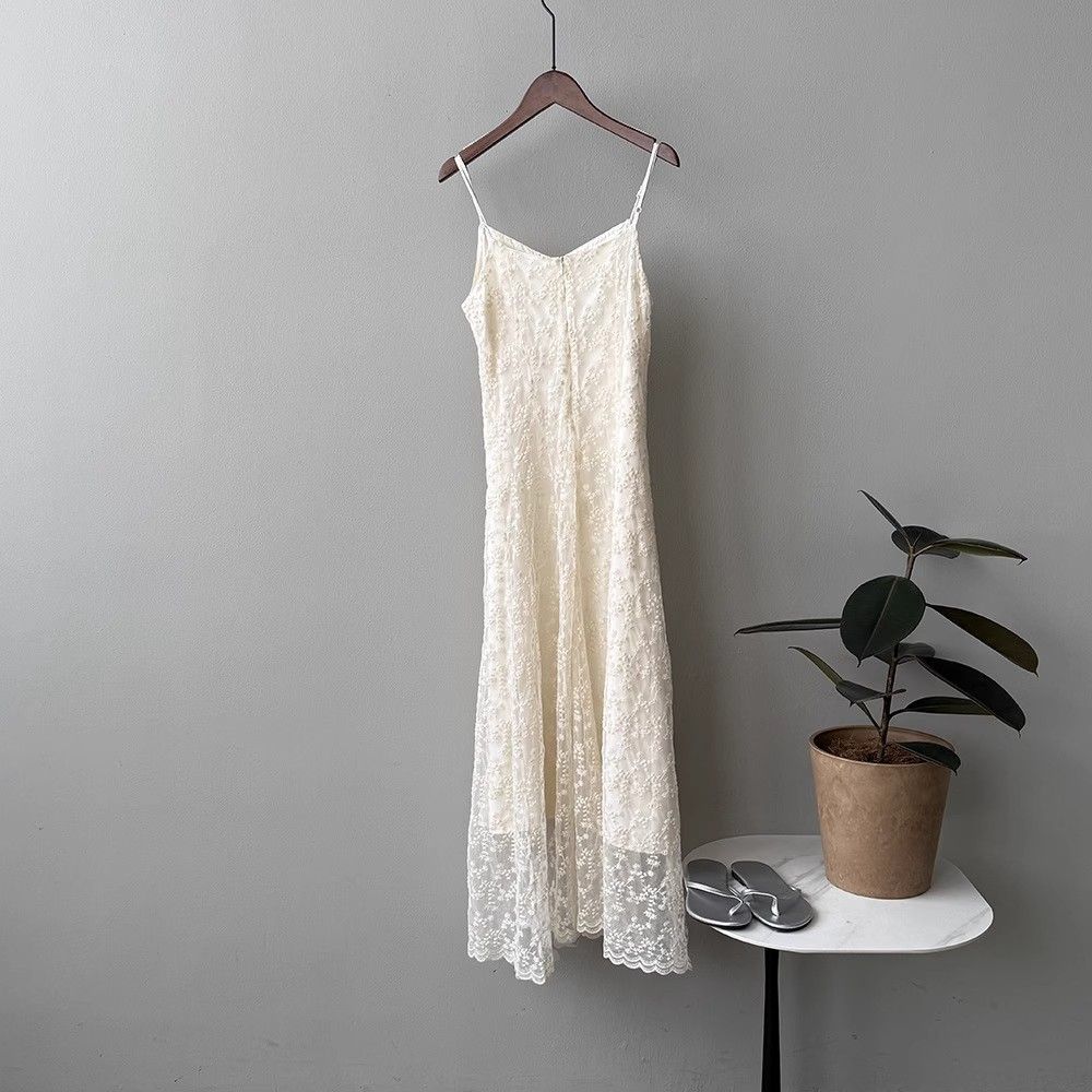 Lace Sling Dress Women Summer Embroidered Sweet Simple Basic Party Elegant Female Sleeveless Long Dress