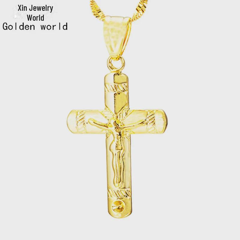 Vintage Gold Sand Cross Pendant Necklace for Men & Women - Copper Imitation Gold, Perfect for Couples, New Trendy Accessory