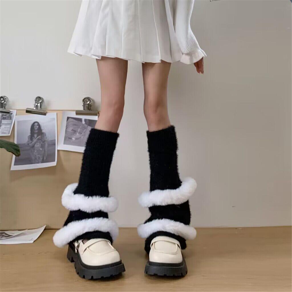 Girls Lolitas Leg Warmers Y2K Fuzzy Knitted Flared Leg Sleeves Goth Baggy Cuff Ankle Heap Socks JK Uniform Foot Cover