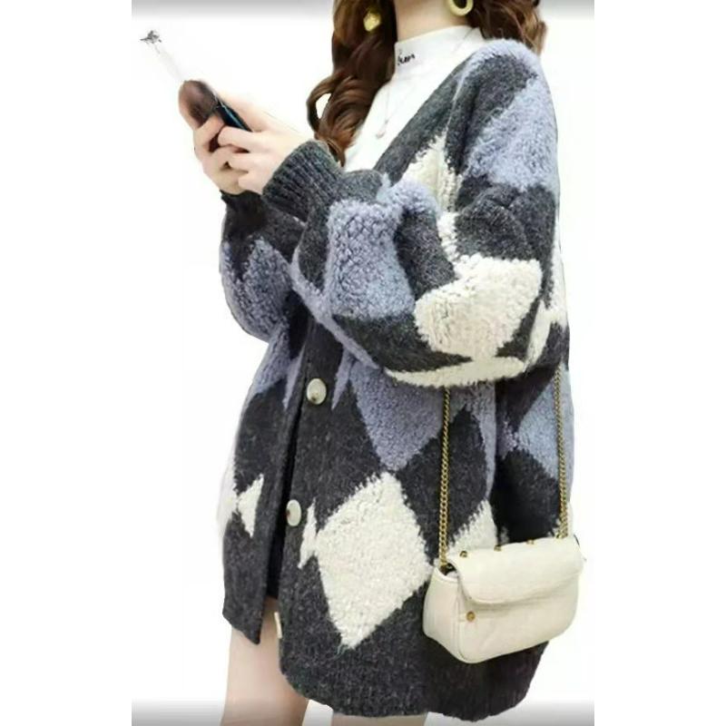 Autumn Plus Size Sweater Jacket Women's Cardigan Mid-length Diamond Loose Lazy Wind Thick Knitted Sweater