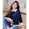 No Matchmaking Fake Two-piece Spring and Autumn Women's Contrasting Button Age Reduction Lapel Long Sleeve Base Inner Sweatshirt Top