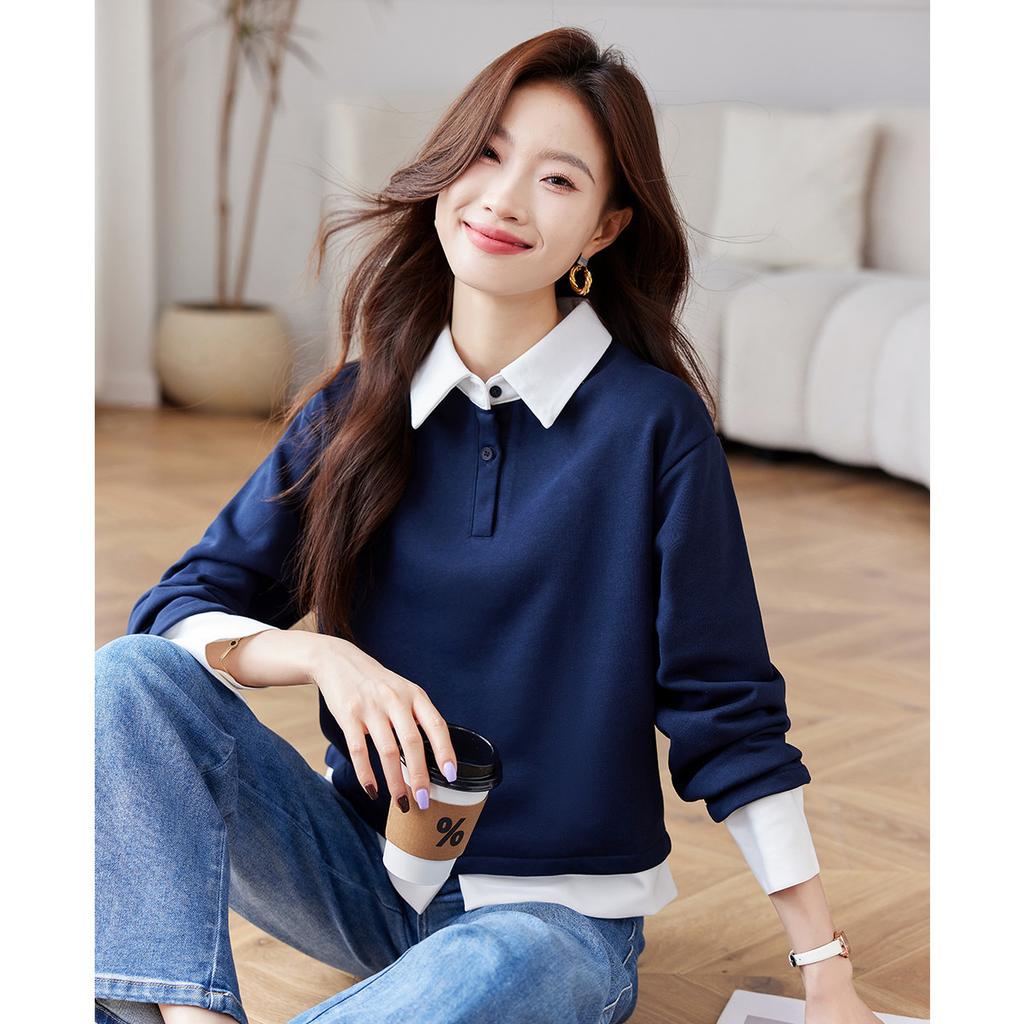 No Matchmaking Fake Two-piece Spring and Autumn Women's Contrasting Button Age Reduction Lapel Long Sleeve Base Inner Sweatshirt Top