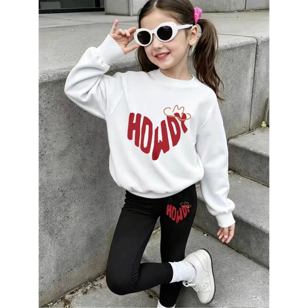Girls' Letter Print Casual Comfortable Soft Loose Pullover Sweatshirt and Leggings 2-Piece Set, New Autumn/Winter, Playful, Sweet and Cool Style