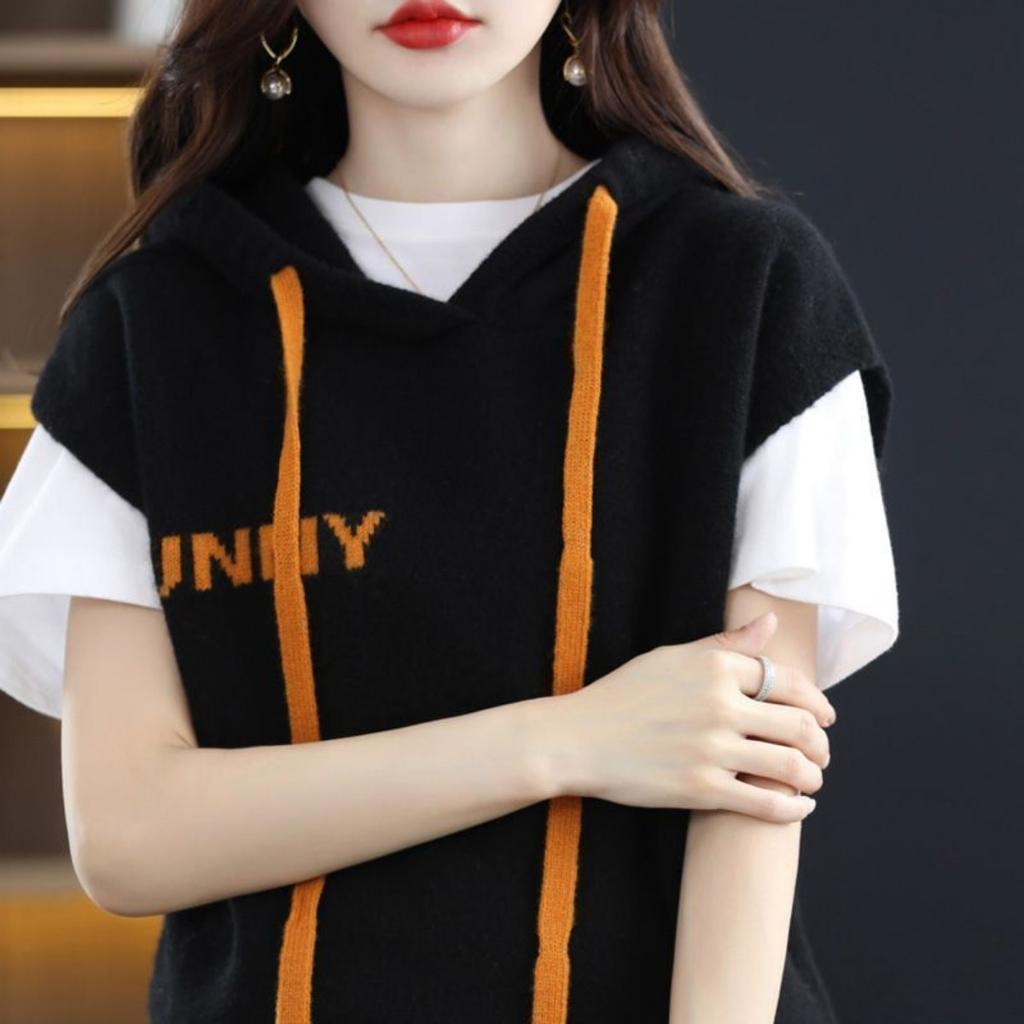 Ermeløs hettegenser, Dame Høst og Vinter Løstsittende Hettegenser Strikket Basegenser