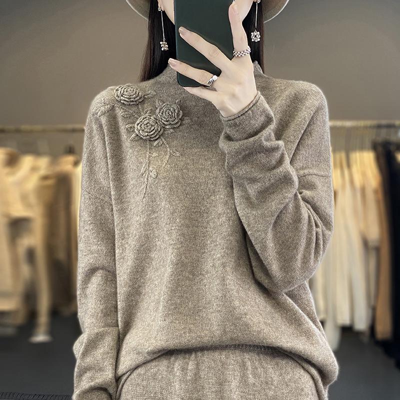 Women's Casual Rolled Hem Wool Sweater, Half-High Collar Loose Fit, Solid Color Base Layer for Autumn & Winter