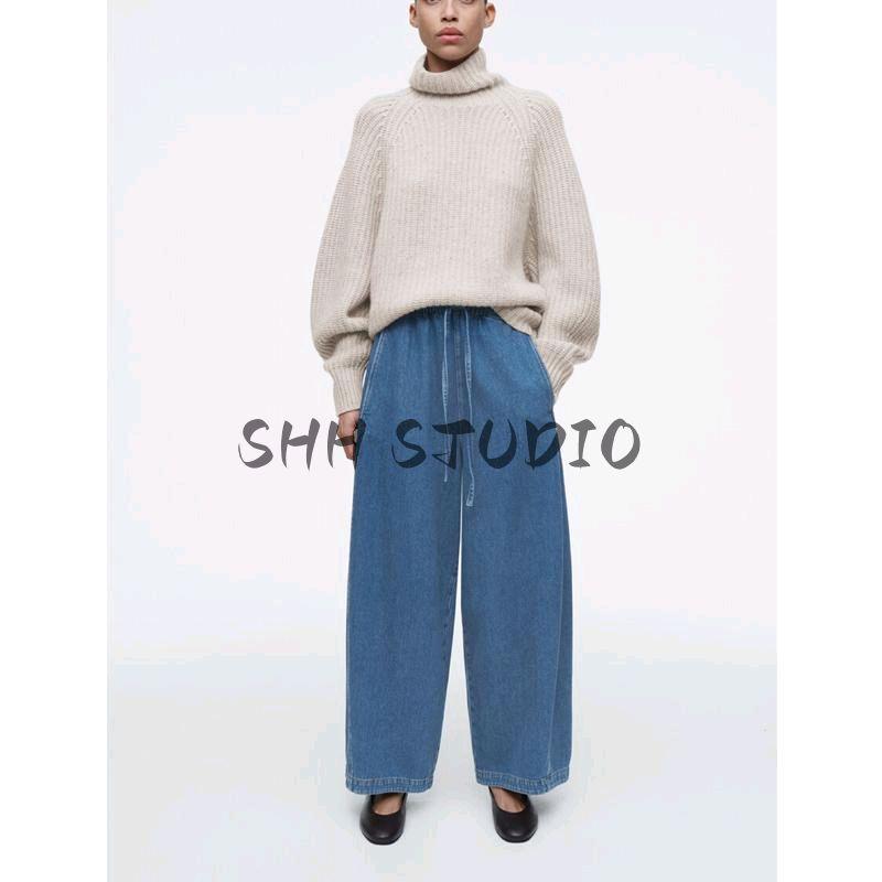 CS Spring New Women's Clothing Fashion Wind Leisure Version Barrel Drawstring Grinding Denim Blue 1281851