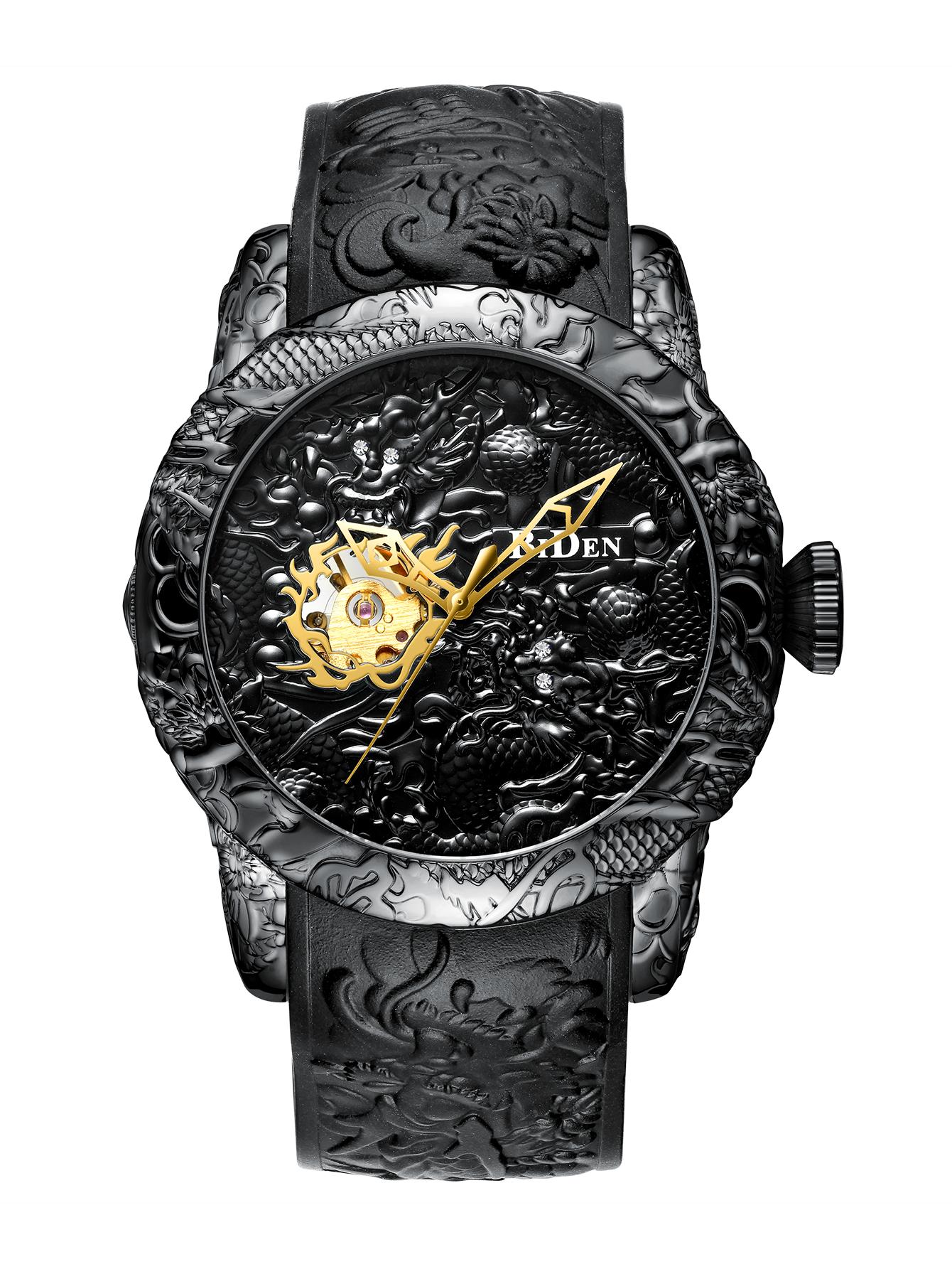 

Мужские механические часы Большой циферблат 3D резьба Дракон Водонепроницаемые механические часы Модный мужской подарок