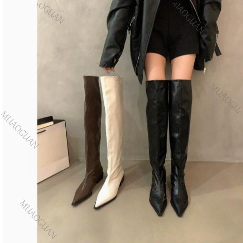 Women Over The Knee High Boots Fashion Suede Pointed Toe Shoes Autumn Winter Thick Middle Heel Western Cowboy Long Botas