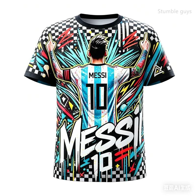 T-shirt Estiva da Uomo per Palestra Fitness con Stampa di Messi Calcio Manica Corta Casual Sportiva Maglietta Street per Bambini Ragazzi Abbigliamento da Esterno