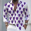 Men's Long-Sleeved Shirt with Heart Print Pattern, Stylish and Handsome, Festive Men's Lapel Top