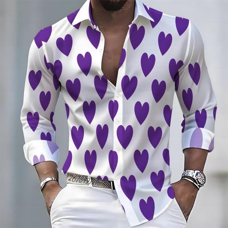 Men's Long-Sleeved Shirt with Heart Print Pattern, Stylish and Handsome, Festive Men's Lapel Top