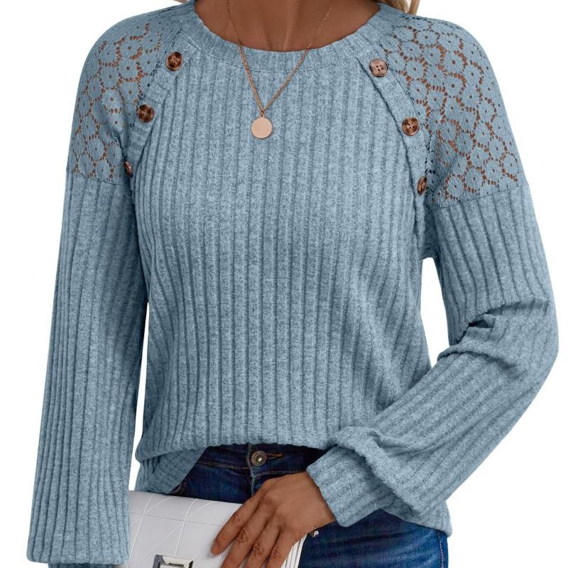 Long Sleeves Women's Round Neck Solid Color Hollow Button Long Sleeve Casual Splicing Top