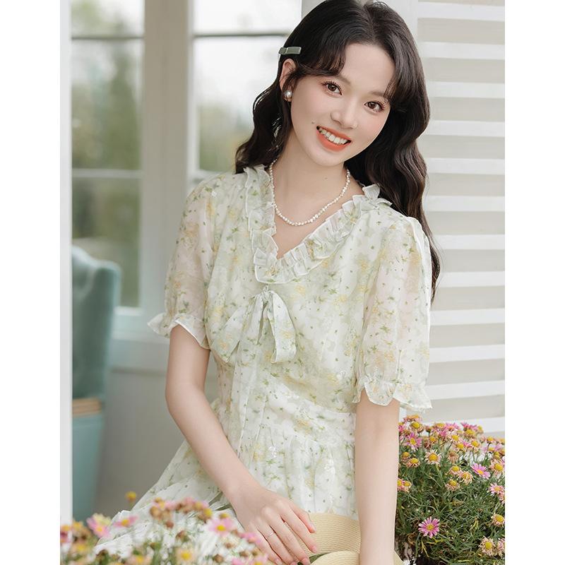 Summer Sweet Little Clear Lotus Leaf Edge Floral Dress Sweet Chiffon Short Sleeve Dress