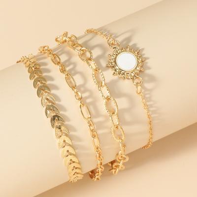 4Pcs/Set Geometric Charm Bracelets for Women Sunflower Thick Gold Bangles Bracelets Set Simple Wrist Chain Lady Boho Accessories