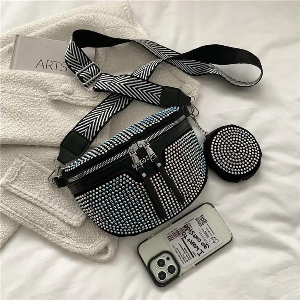 Modische Strass-Taillen-Gürteltasche Schulter-Crossbody PU-Leder Brust-Handy-Tasche Damen Outdoor Business Reisen