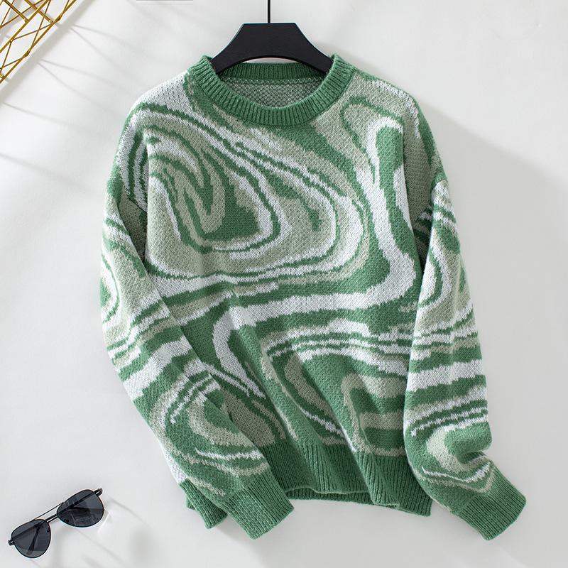 Women S Knitted Pullover Sweater Round Neck Loose Fit Colorful Pattern Spring