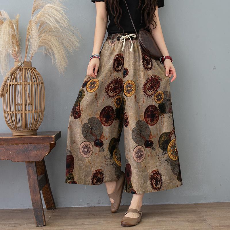 

Women s Summer Wide-Leg Cotton Linen Culottes - Lightweight, Loose, Plus Size, Printed Eight-Point Palazzo Pants. XXXL