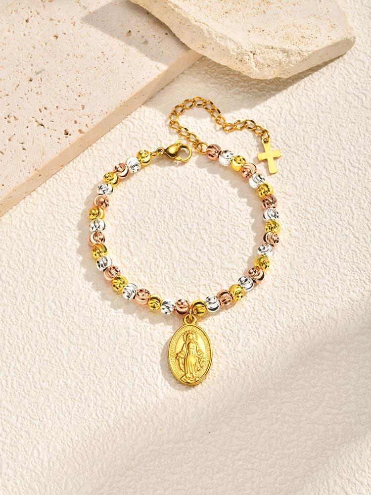New Fashion Classic Gold Plated Virgin Mary Pendant Bracelets,Stainless Steel Watermelon Beads Rosary Bracelet for Women