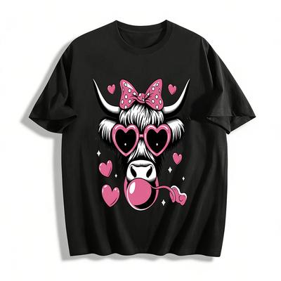Cute Heart Sunglasses Bubblegum Highland Cow Print Top Pure Cotton T-shirt