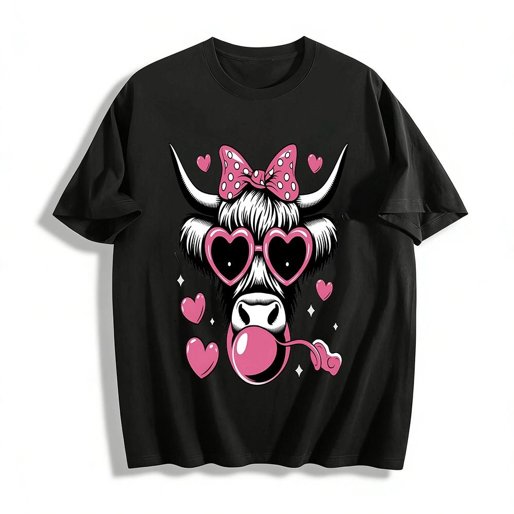 

Cute Heart Sunglasses Bubblegum Highland Cow Print Top Pure cotton T-shirt XXS