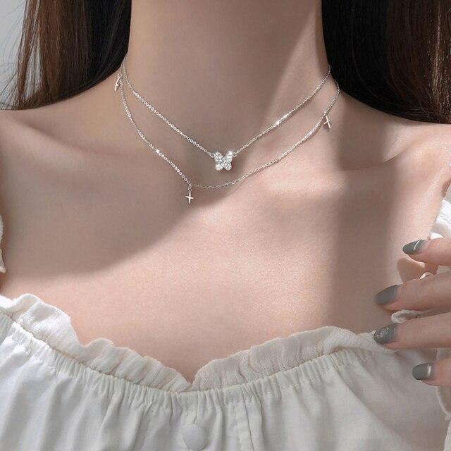 Sterling Tone Butterfly Necklaces Shiny Zircon Stone Clavicle Chain Pendant Necklace Women Jewelry Event Gathering Souvenir GiftTrendy