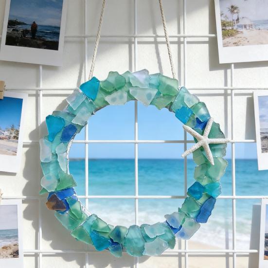Sea Glass Wreath Handmade Coastal Style Christmas Ornament for Front Door Window Kitchen Cabinet Chair Wall Home Decor