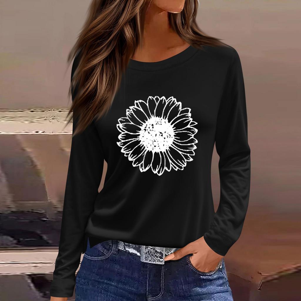 Women's Fashion Casual LongSleeve Print Round Neck Pullover Top Blouse