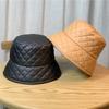 Korean Style Hat for Women  Versatile Matte Pu Leather Plaid Fisherman Hat Face Showing Warm Autumn and Winter Japanese Style Basin Hat