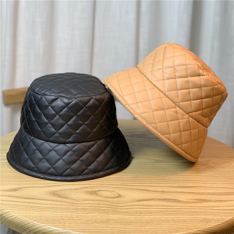 Korean Style Hat for Women  Versatile Matte Pu Leather Plaid Fisherman Hat Face Showing Warm Autumn and Winter Japanese Style Basin Hat