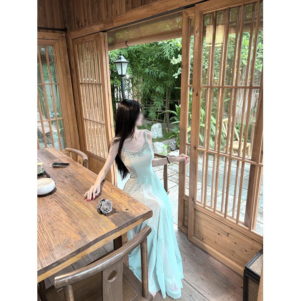 

Женское летнее платье на бретелях из сетки с кристальной бриллиантовой цепочкой, длинное, с завышенной талией, для отпуска, юбка феи XL- (recommended 110-60kg)