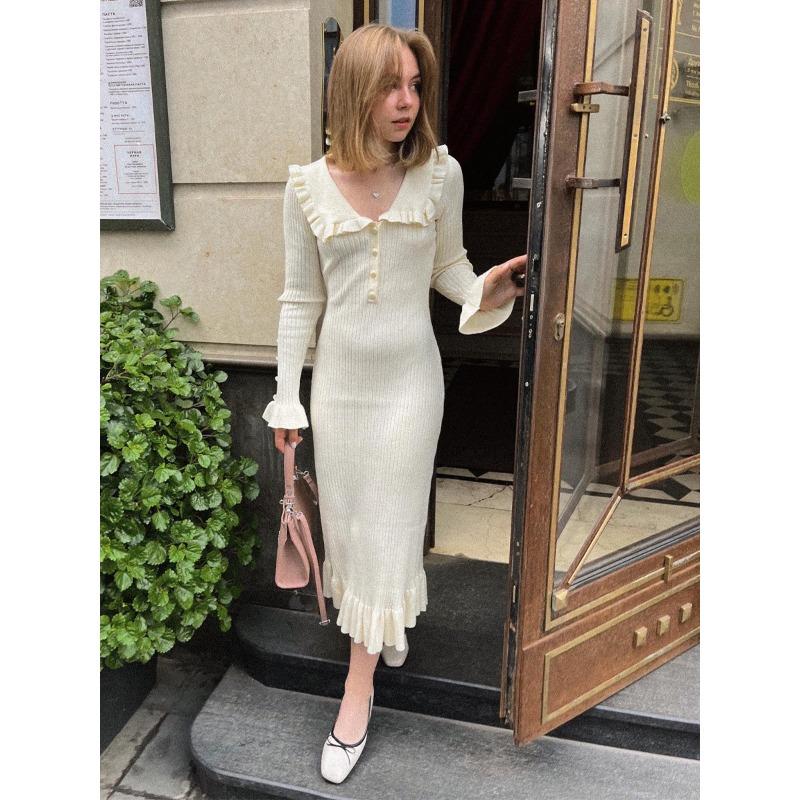 Elegant Peter Pan Collar Knitted Dress For Women Solid Single Breasted Ruffle Hem Long Dresses Chic Autumn Lady Party Vestidos